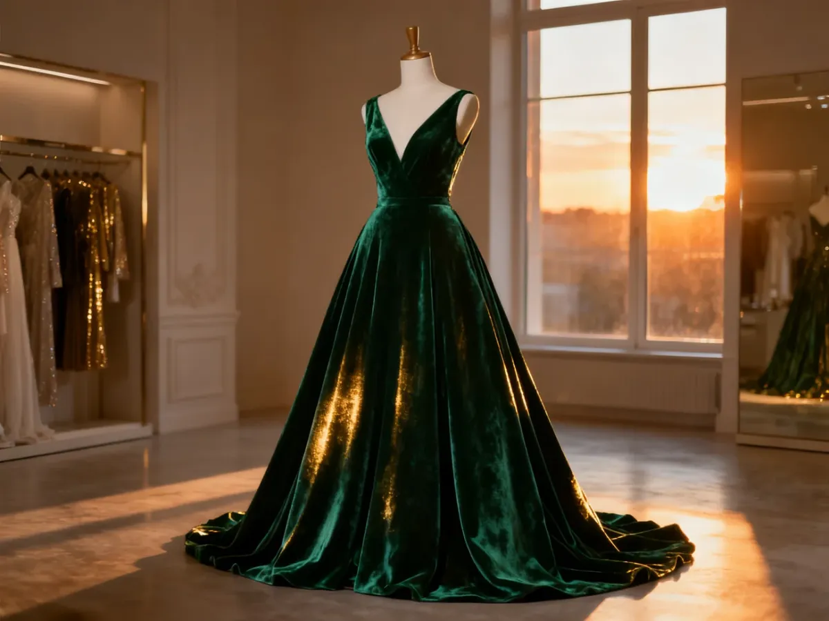 Luksusowa suknia ślubna z ciemnozielonego aksamitu na manekinie w eleganckim butiku.