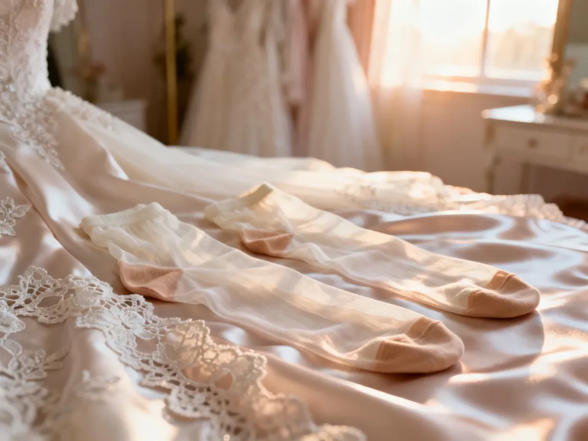 Eleganckie pończochy w kolorze kości słoniowej i beżu ułożone na satynowej sukni ślubnej w luksusowym wnętrzu.