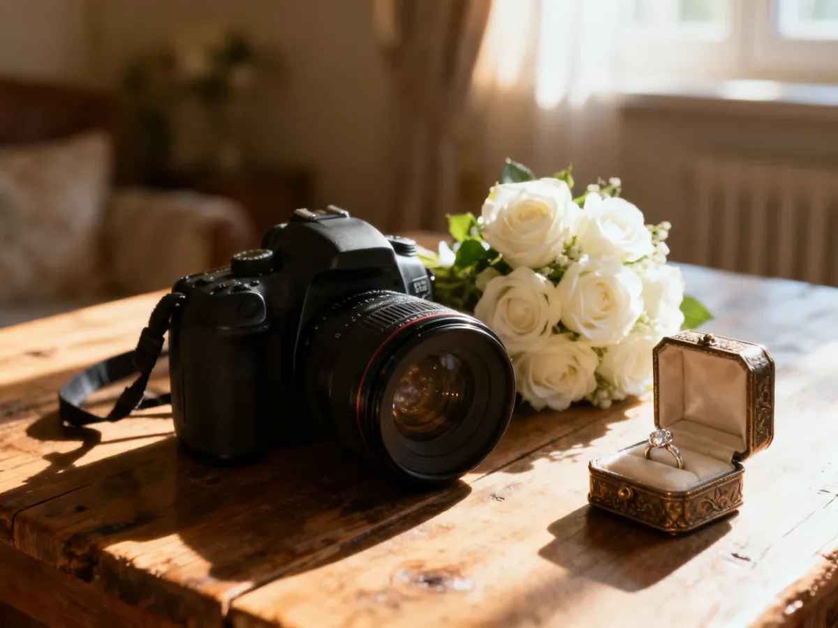 Profesjonalny aparat fotograficzny, obrączki i bukiet białych róż na drewnianym stole, symbolizujące przygotowania do ślubu.