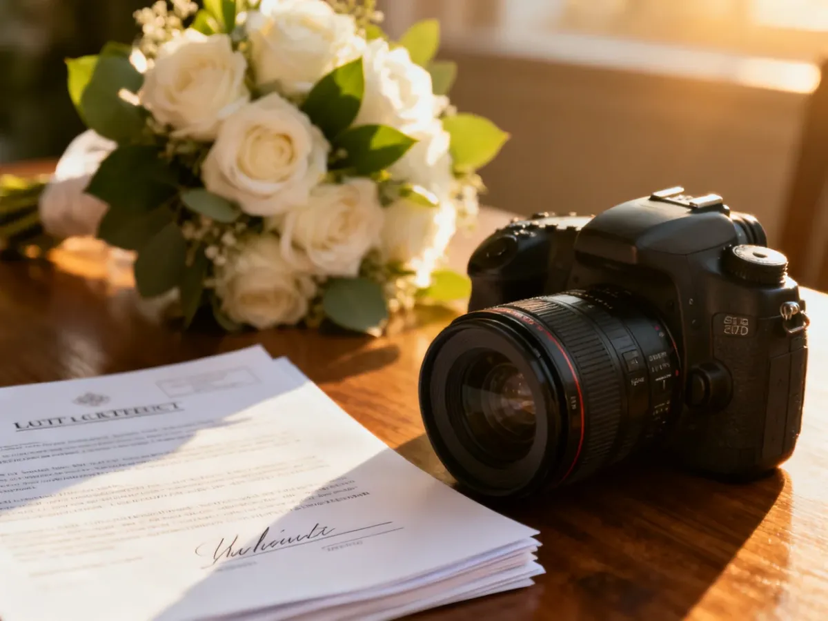 Profesjonalny aparat fotograficzny obok umowy i dokumentów prawnych, symbolizujący kwestie praw autorskich do zdjęć ślubnych.