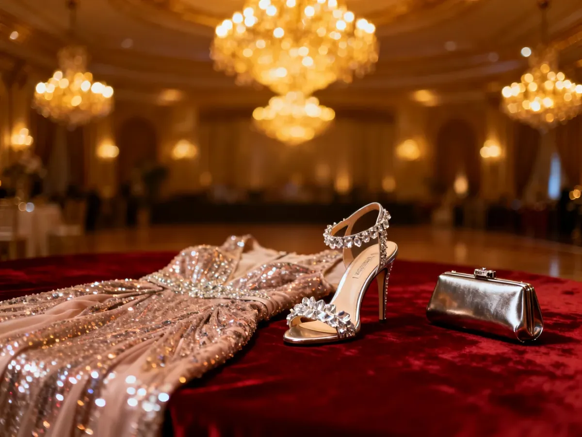 Elegancka suknia z cekinami, kryształowe szpilki i kopertówka na aksamitnym tle, tworzące szykowną stylizację weselną glamour.