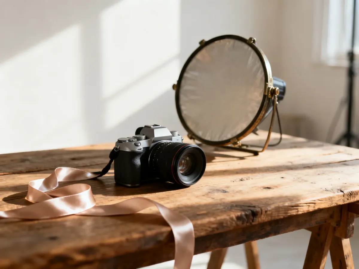 Profesjonalny sprzęt fotograficzny na drewnianym stole w jasnym studio, przygotowany do sesji ślubnej.