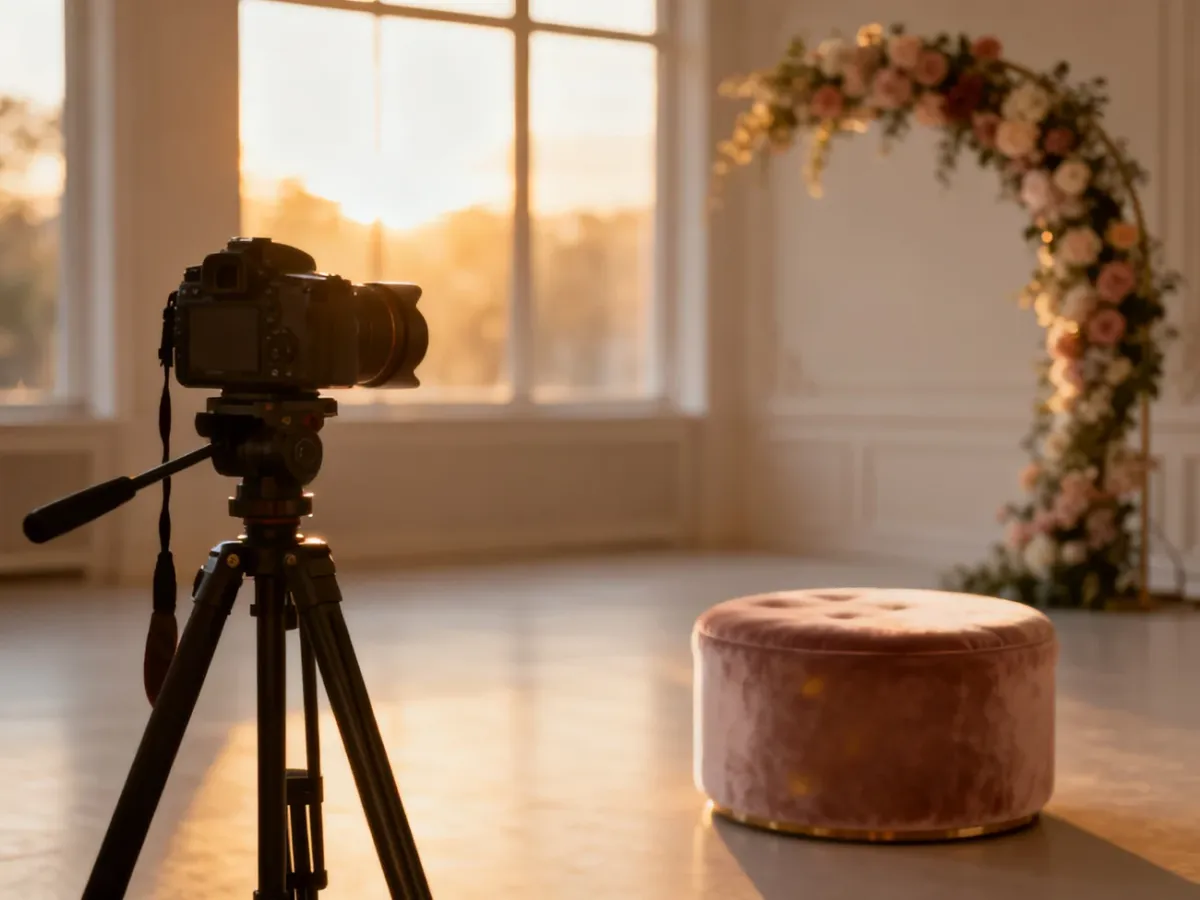 Profesjonalne studio fotograficzne z eleganckim tłem i oświetleniem, przygotowane do sesji ślubnej.