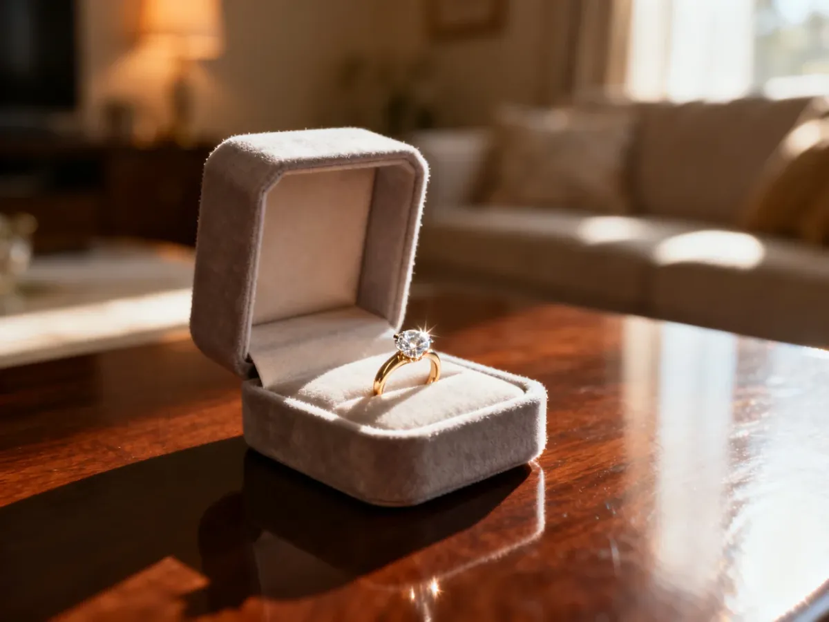 Elegancki pierścionek zaręczynowy z diamentem w aksamitnym pudełku na mahoniowym stole w promieniach porannego słońca.
