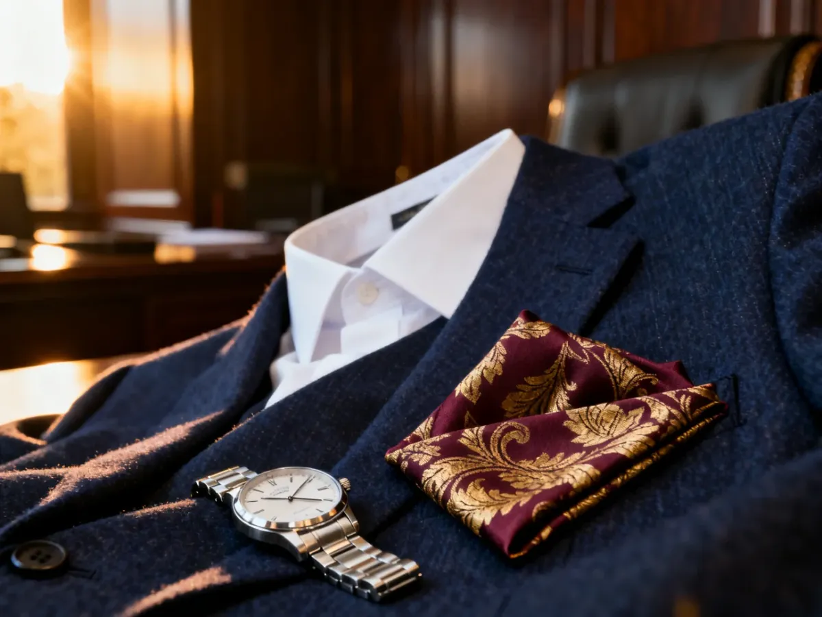 Granatowa marynarka z białą koszulą, srebrnym zegarkiem i bordową poszetką, prezentująca eleganckie dodatki do garnituru.