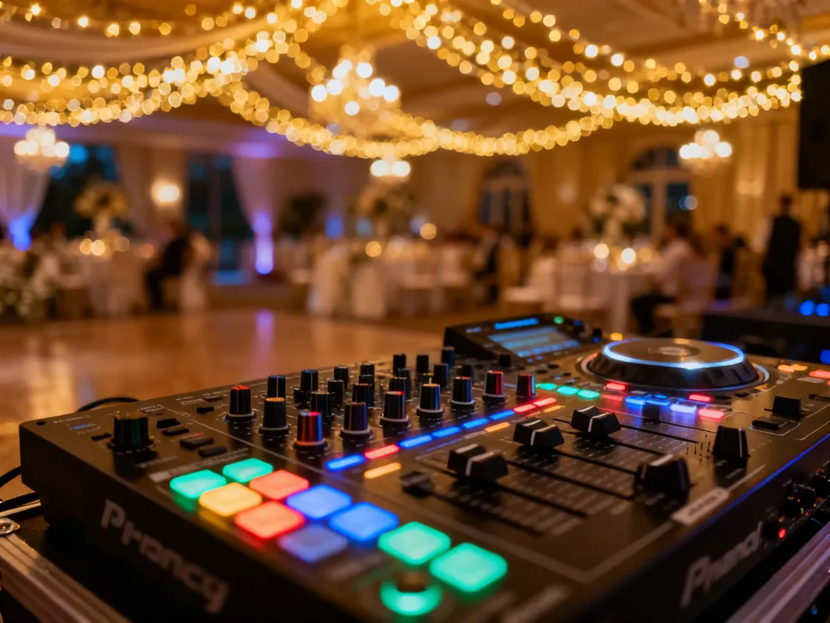 Profesjonalna konsola DJ-ska na pierwszym planie z rozmytą salą weselną w tle, podkreślająca atmosferę wieczornej zabawy.