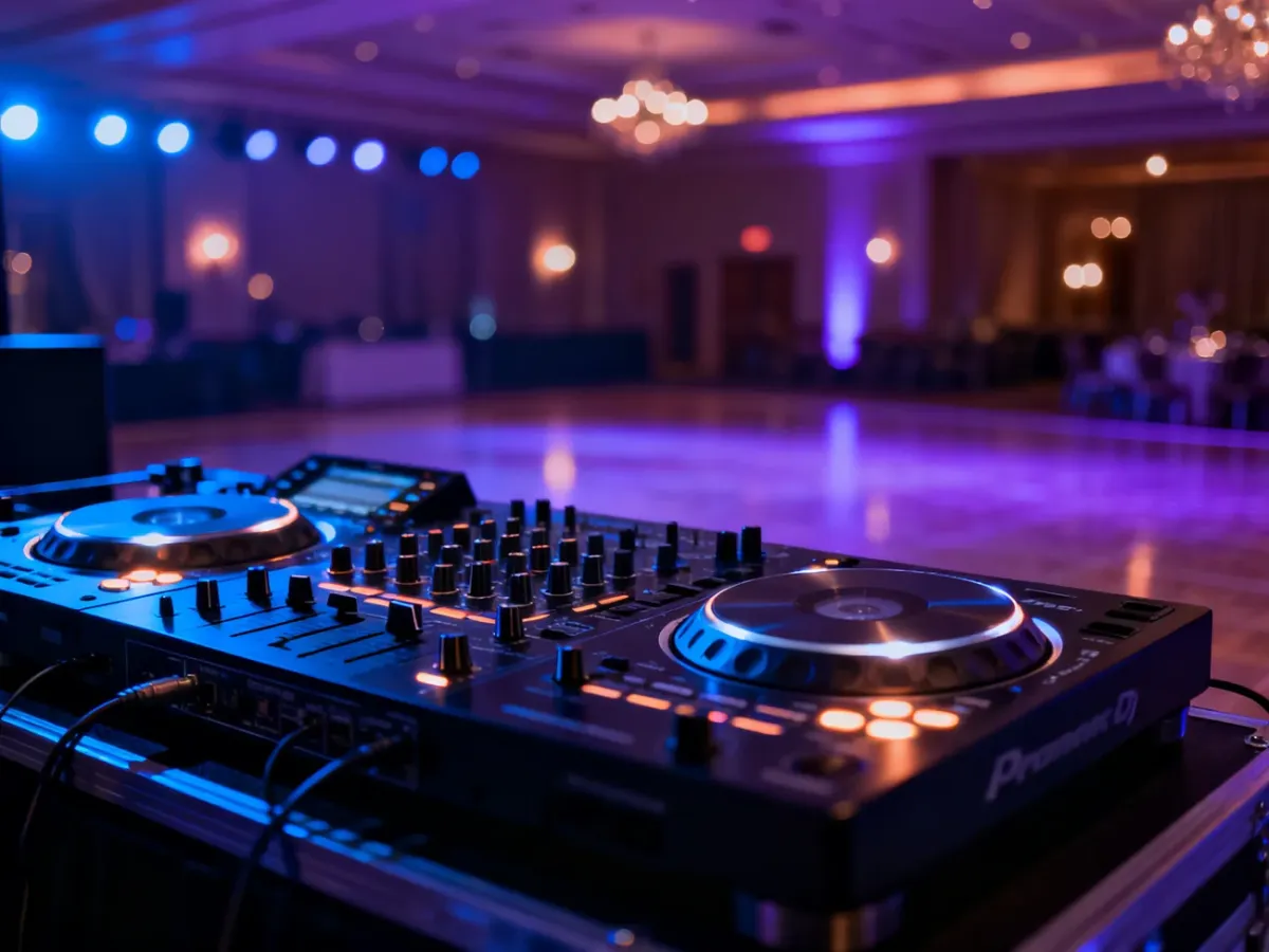 Profesjonalna konsola DJ-ska na tle eleganckiej, nastrojowo oświetlonej sali weselnej.