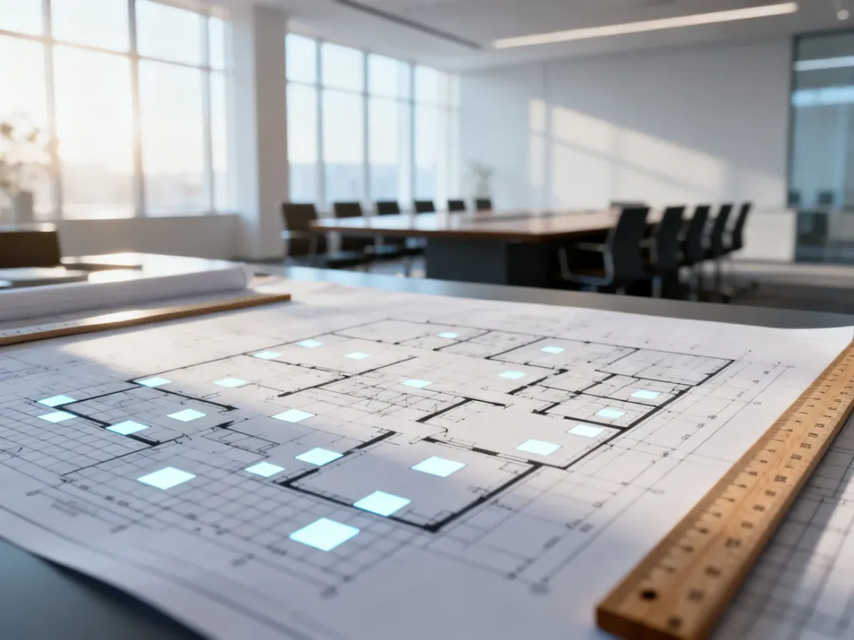 Projekt architektoniczny nowoczesnej sali konferencyjnej z naniesioną siatką pomiarową na planie biura.