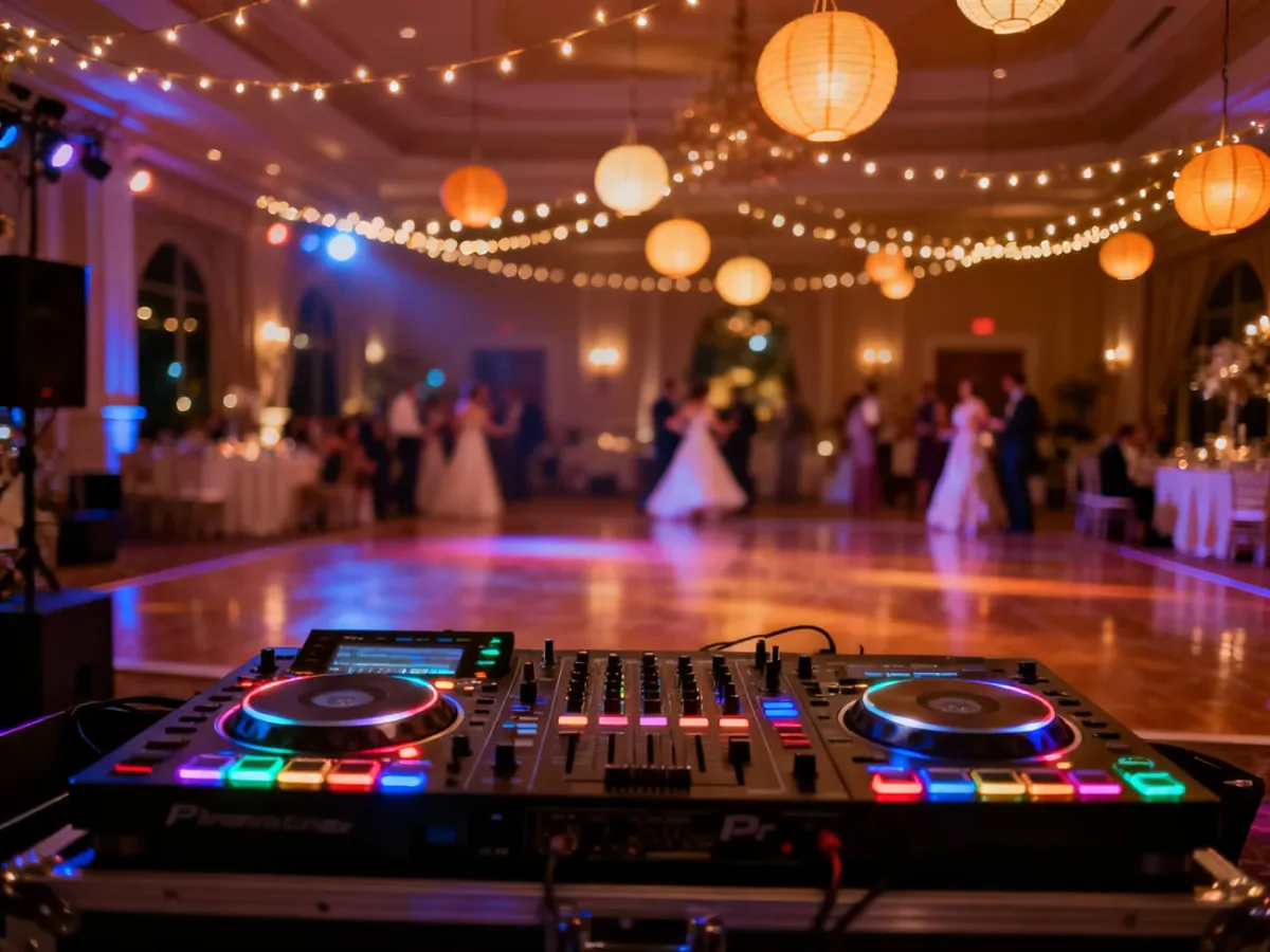 Profesjonalna konsola DJ-ska z kolorowym oświetleniem na tle roztańczonej sali weselnej z nastrojowymi lampionami.