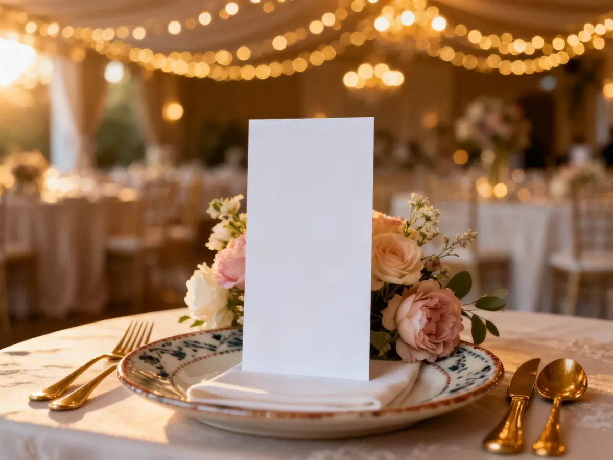 Elegancka karta menu na weselnym stole z kwiatową dekoracją i złotymi sztućcami w romantycznym, ciepłym oświetleniu.