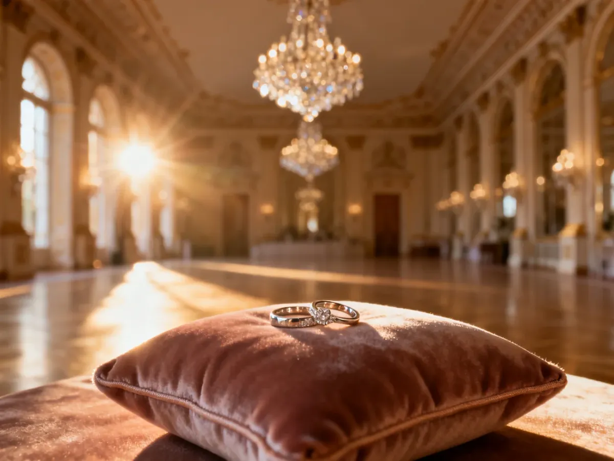 Eleganckie obrączki ślubne na aksamitnej poduszce na tle luksusowej sali balowej w pałacu.