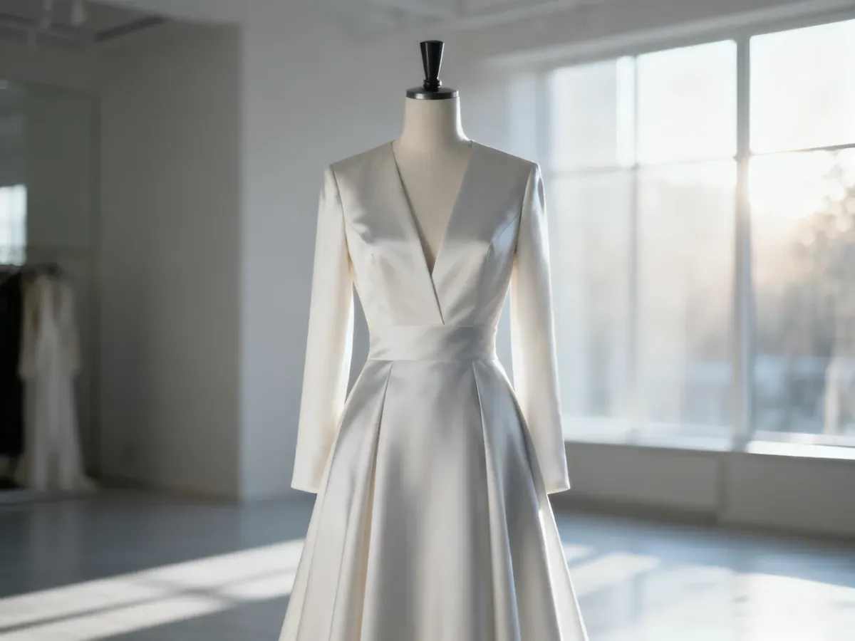 Minimalistyczna suknia ślubna z jedwabiu na manekinie w jasnym, eleganckim atelier.