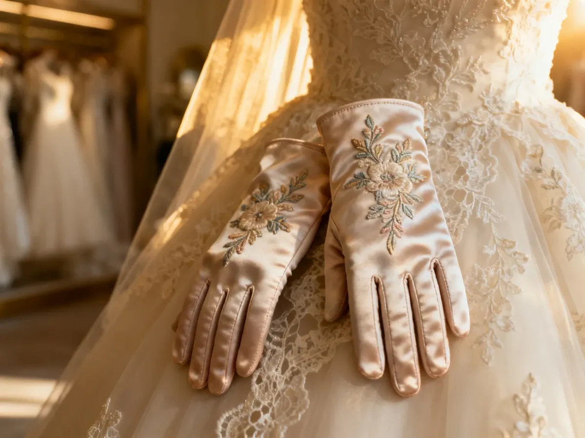 Eleganckie satynowe rękawiczki ślubne ułożone na delikatnym welonie z koronki w jasnym, słonecznym wnętrzu.