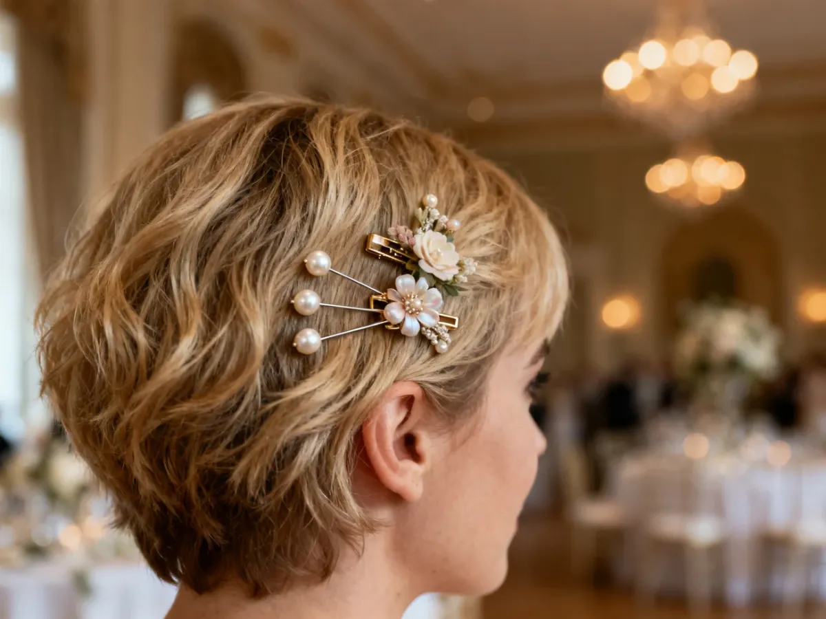 Ozdobne perłowe wsuwki i kwiatowe spinki wpięte w krótkie, blond włosy w eleganckiej weselnej scenerii.
