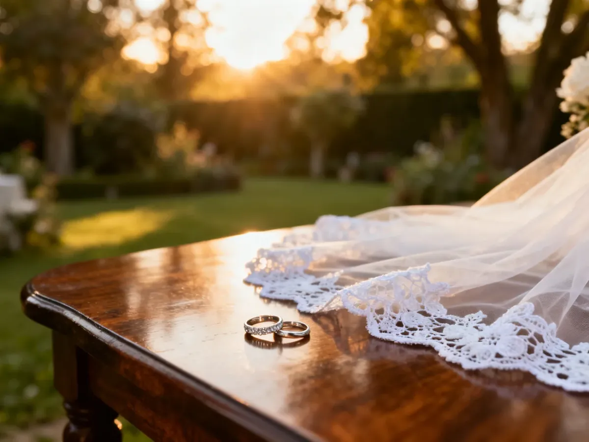 Eleganckie obrączki ślubne i welon na drewnianym stole w romantycznym ogrodzie o zachodzie słońca.
