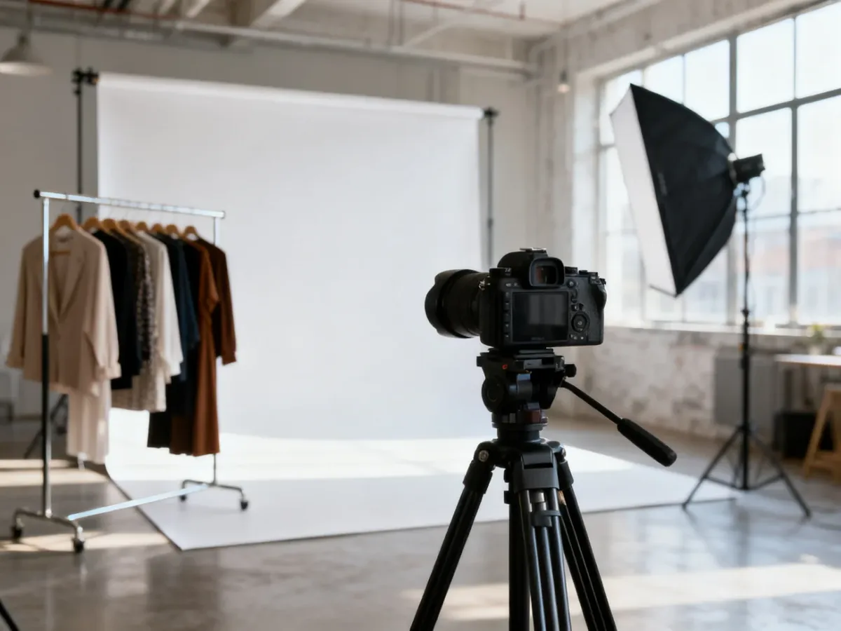 Profesjonalne stanowisko fotograficzne w jasnym studiu, przygotowane do sesji typu lookbook z ubraniami na wieszaku.