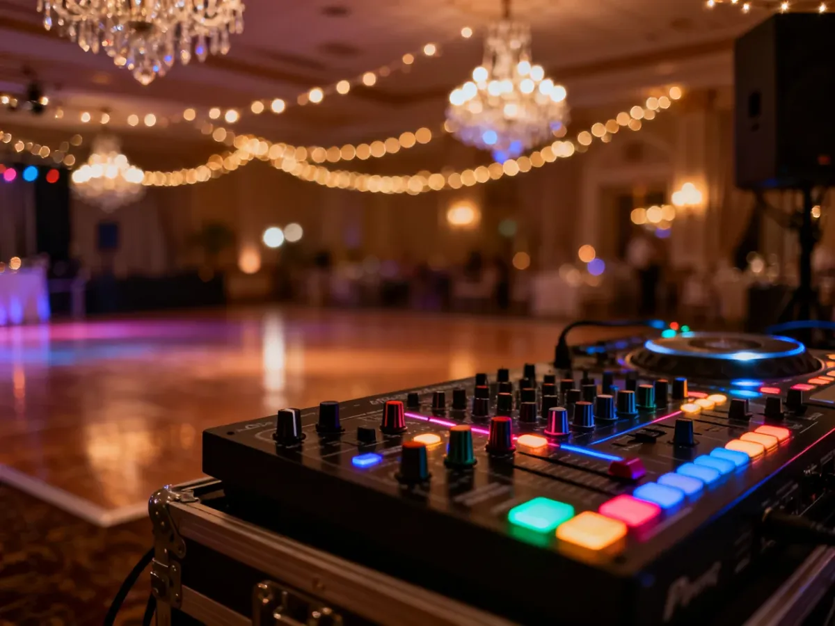 Profesjonalny sprzęt DJ-ski na tle eleganckiej sali weselnej z nastrojowym oświetleniem, gotowy do prowadzenia imprezy.