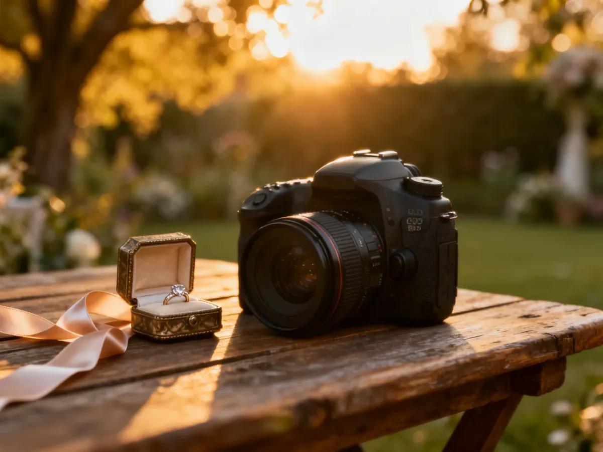 Profesjonalny aparat fotograficzny, obrączki i wstążka na drewnianym stole w romantycznym, słonecznym ogrodzie.