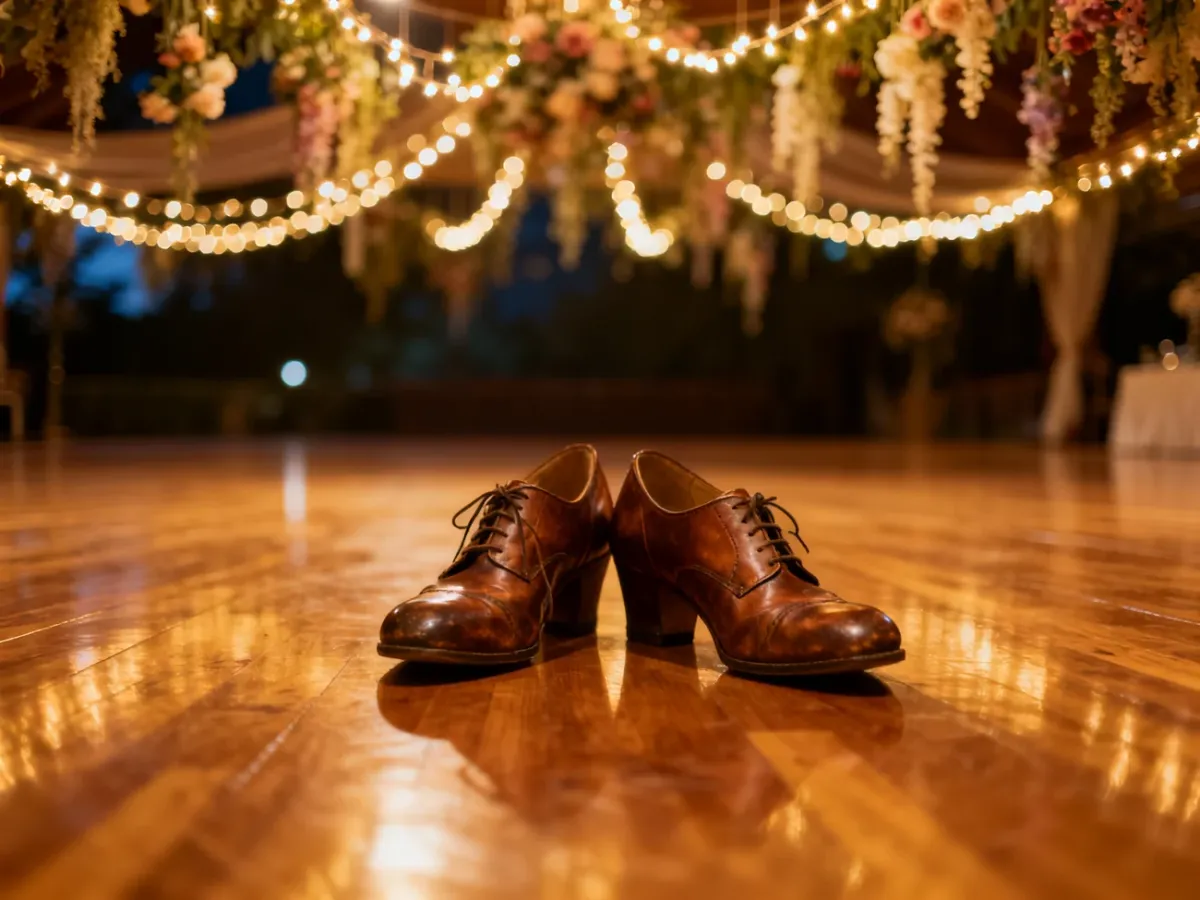 Eleganckie buty do tańca na parkiecie w sali balowej, tworzące romantyczny i magiczny nastrój przed pierwszym tańcem.