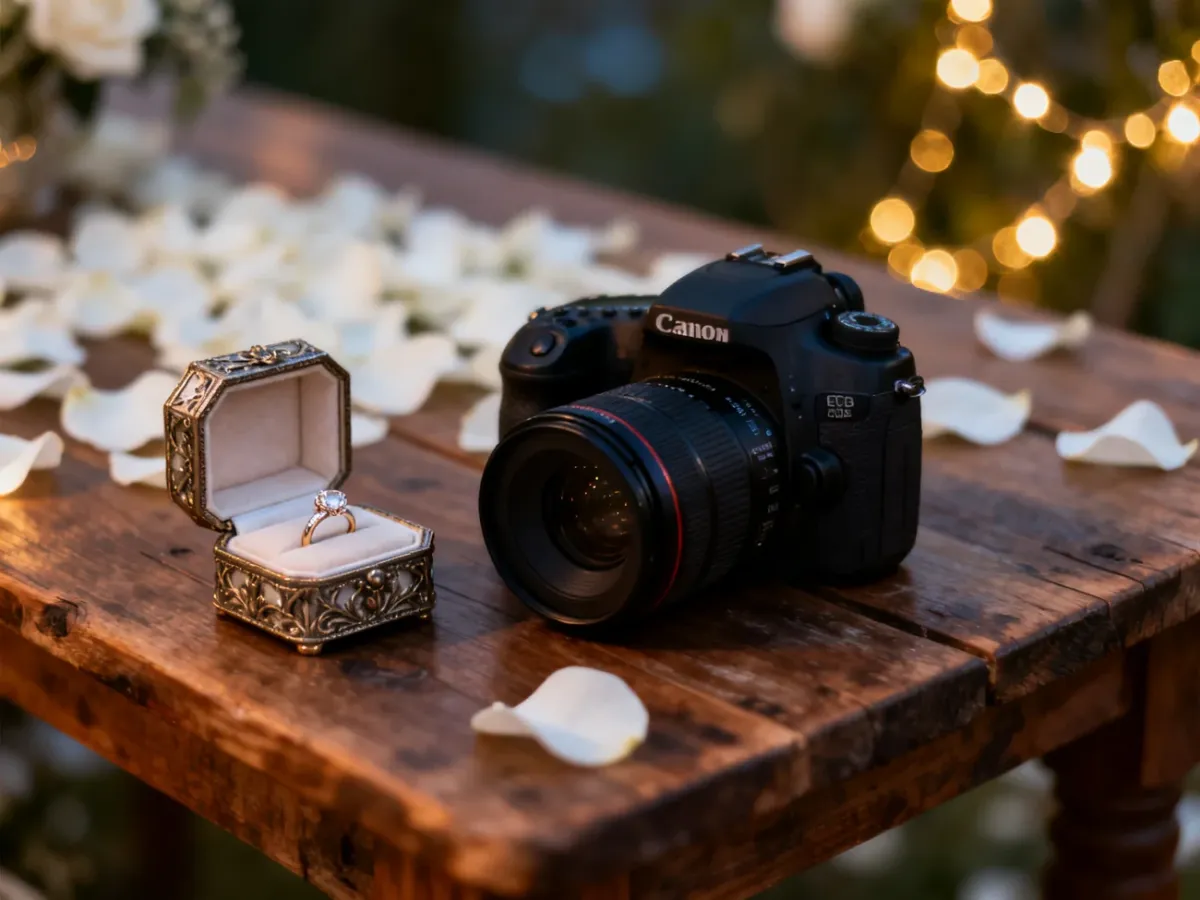 Profesjonalny aparat fotograficzny i pudełko na obrączki na drewnianym stole w romantycznej, ślubnej scenerii.