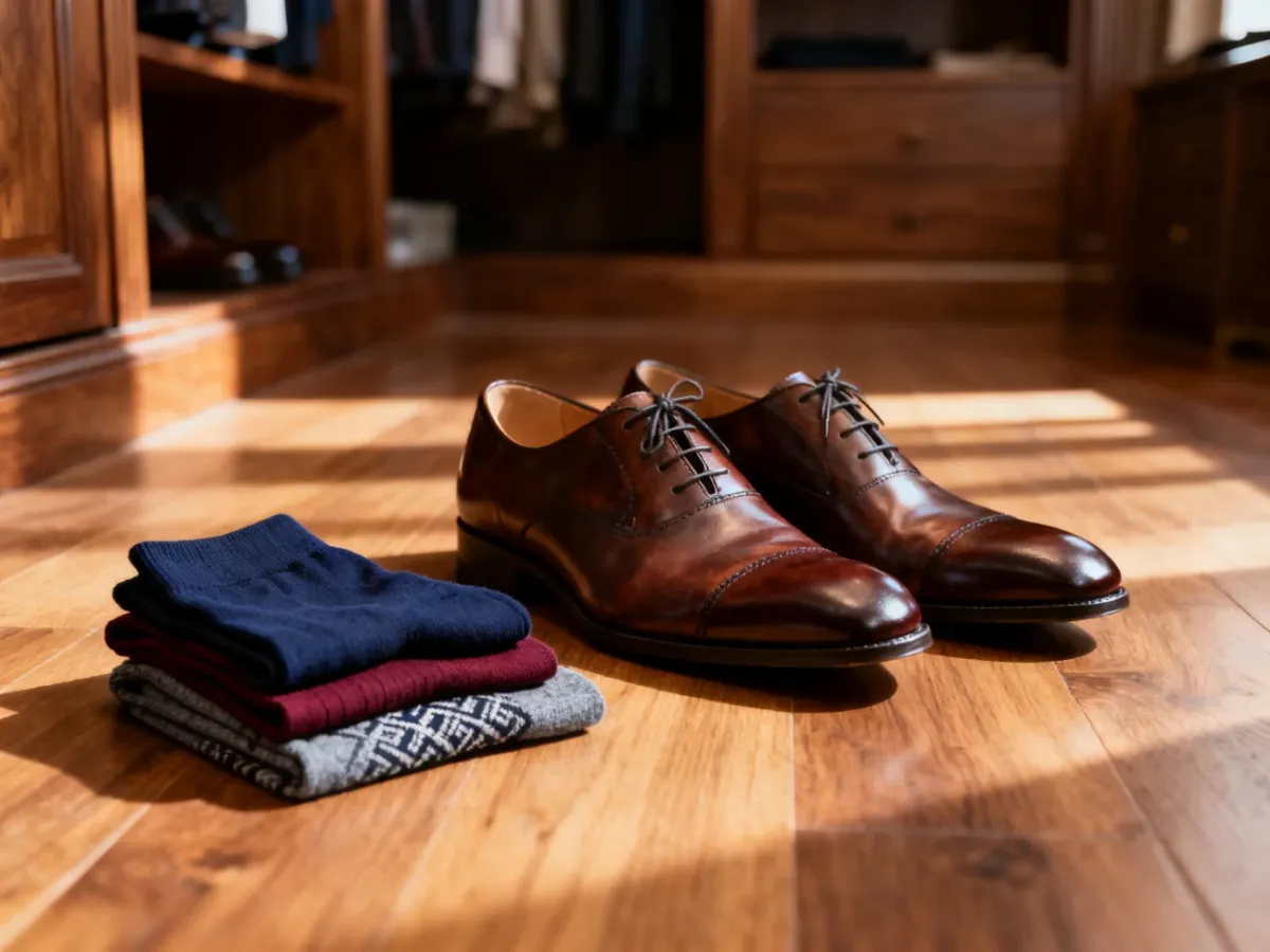 Eleganckie skórzane buty zestawione z różnymi wzorami skarpetek w garderobie, ułatwiające dobór dodatków do garnituru.