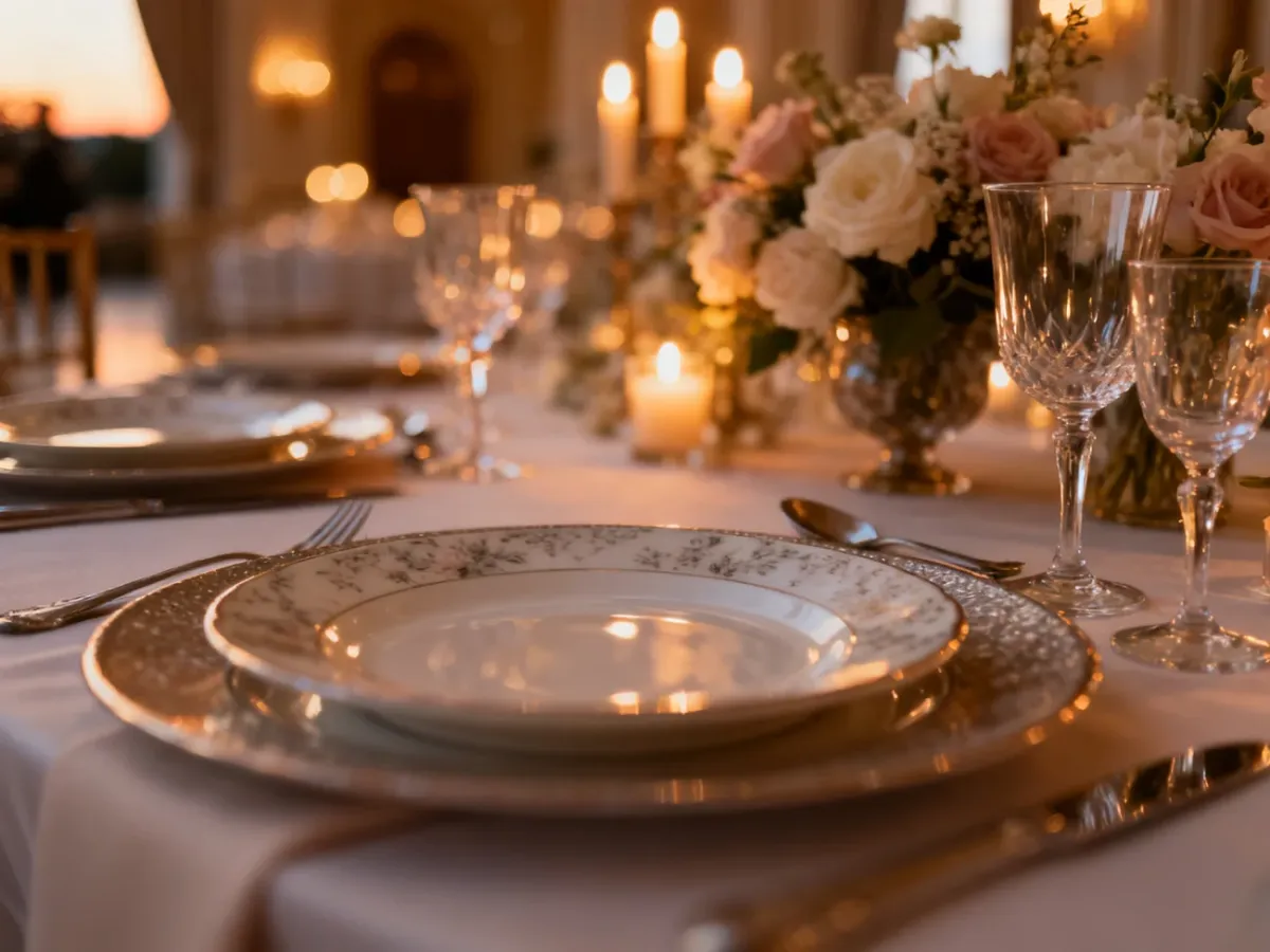 Eleganckie nakrycie stołu weselnego z ozdobnymi podtalerzami, porcelaną i kwiatami w nastrojowym świetle świec.