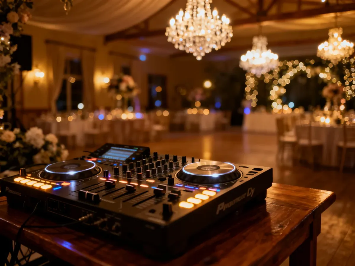 Profesjonalny kontroler DJ na drewnianym stole w sali weselnej, oświetlony ciepłym, nastrojowym światłem.