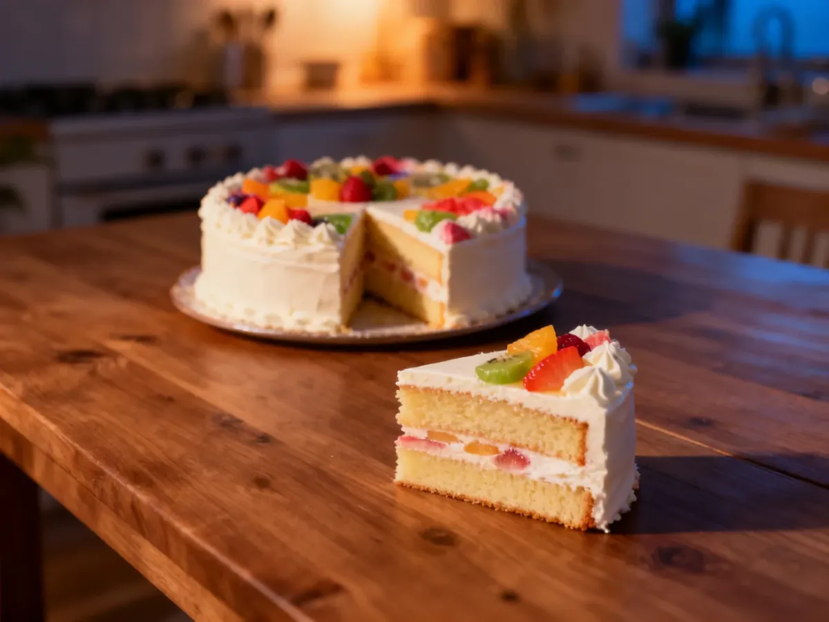 Apetyczny tort z widocznymi warstwami kremu i owoców, pokrojony na kawałki na drewnianym stole.