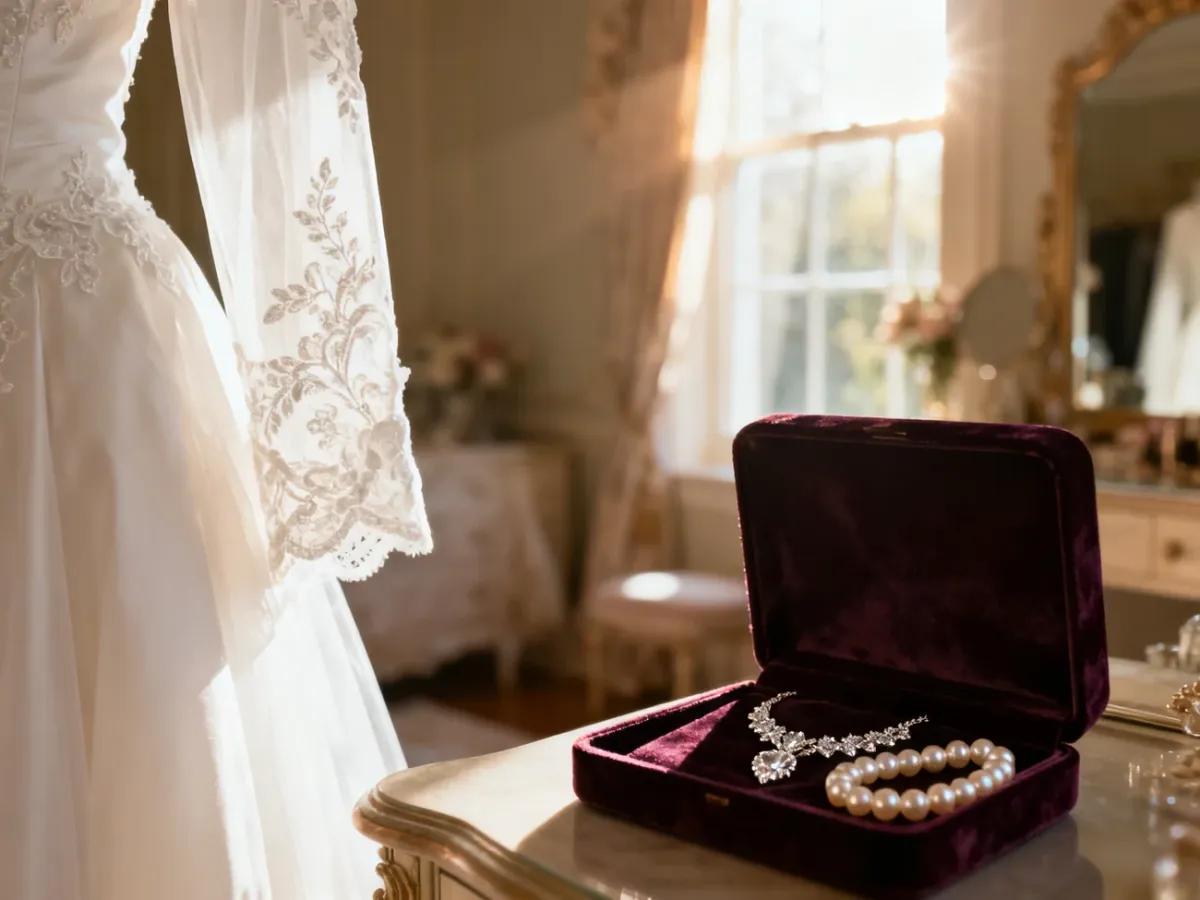Elegancka kompozycja z suknią ślubną, perłami i diamentowym naszyjnikiem, pomagająca w wyborze ślubnej biżuterii.