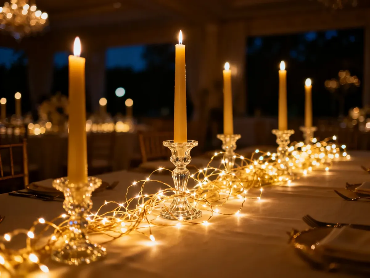 Elegancka dekoracja weselnego stołu łącząca nastrojowe lampki LED ze świecami w kryształowych świecznikach.
