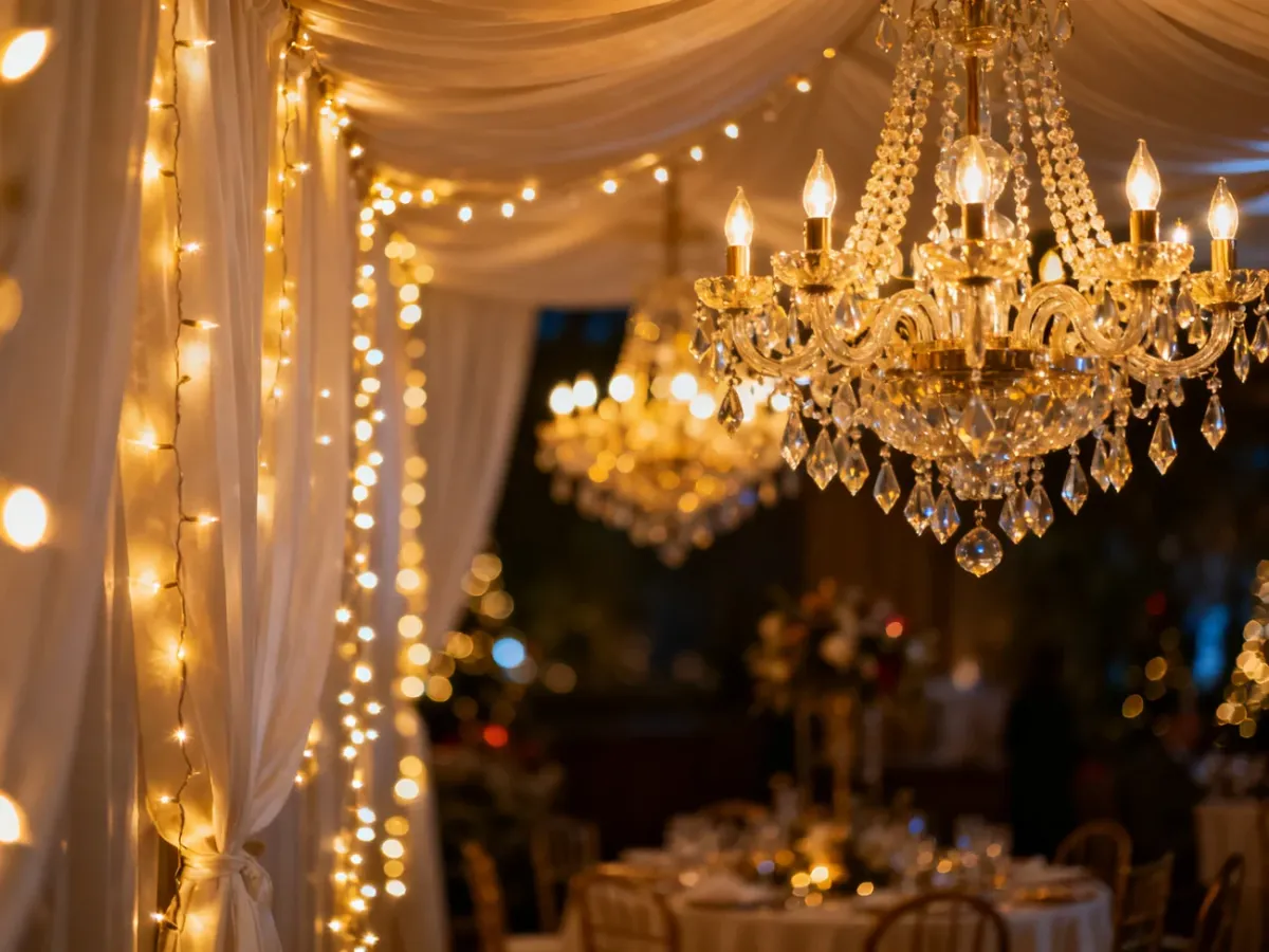 Elegancka sala weselna z nastrojowym oświetleniem, girlandami świetlnymi i kryształowymi żyrandolami tworzącymi ciepły klimat.